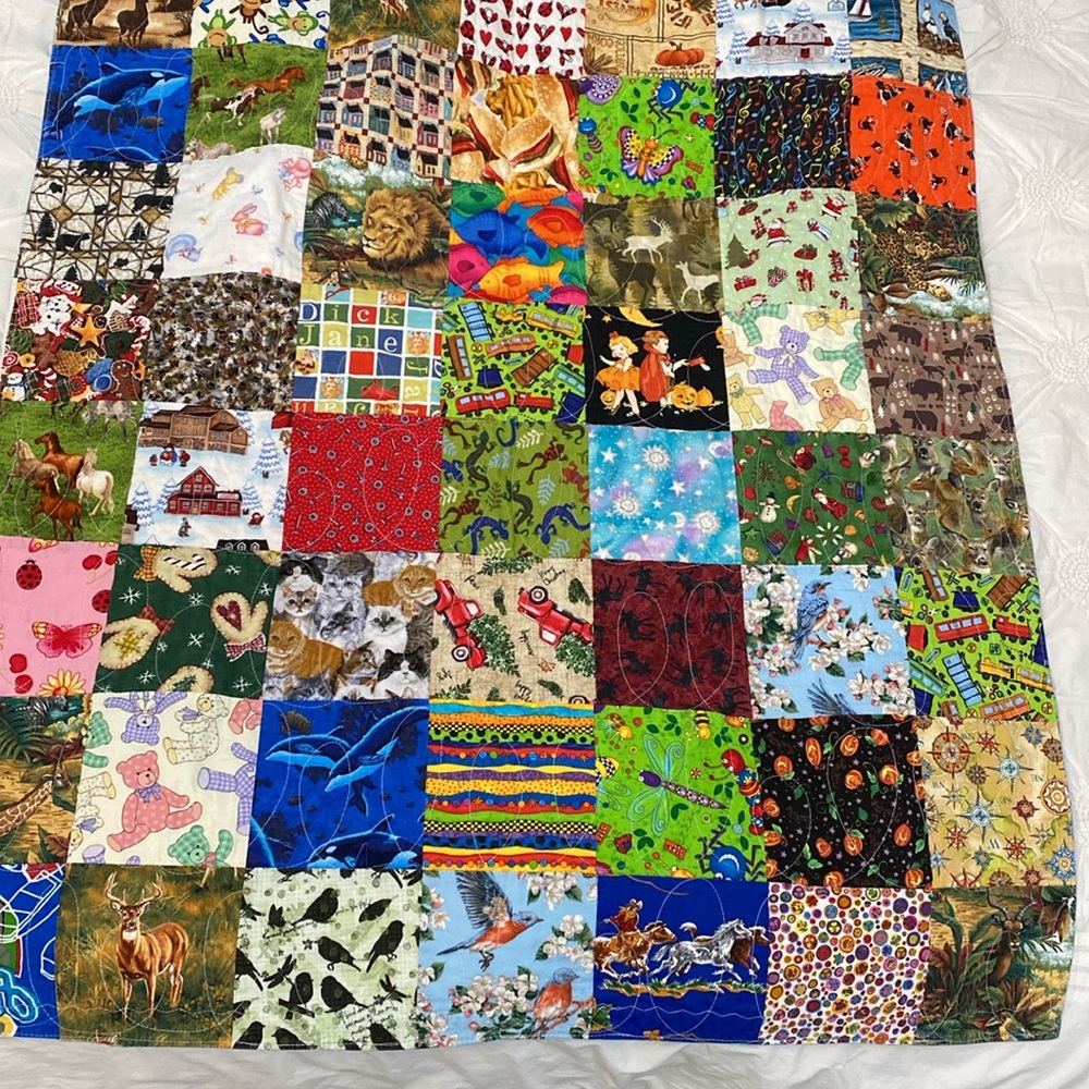 Colorful Chameleon Quilt with Blue Center and trim. Back is various patterns